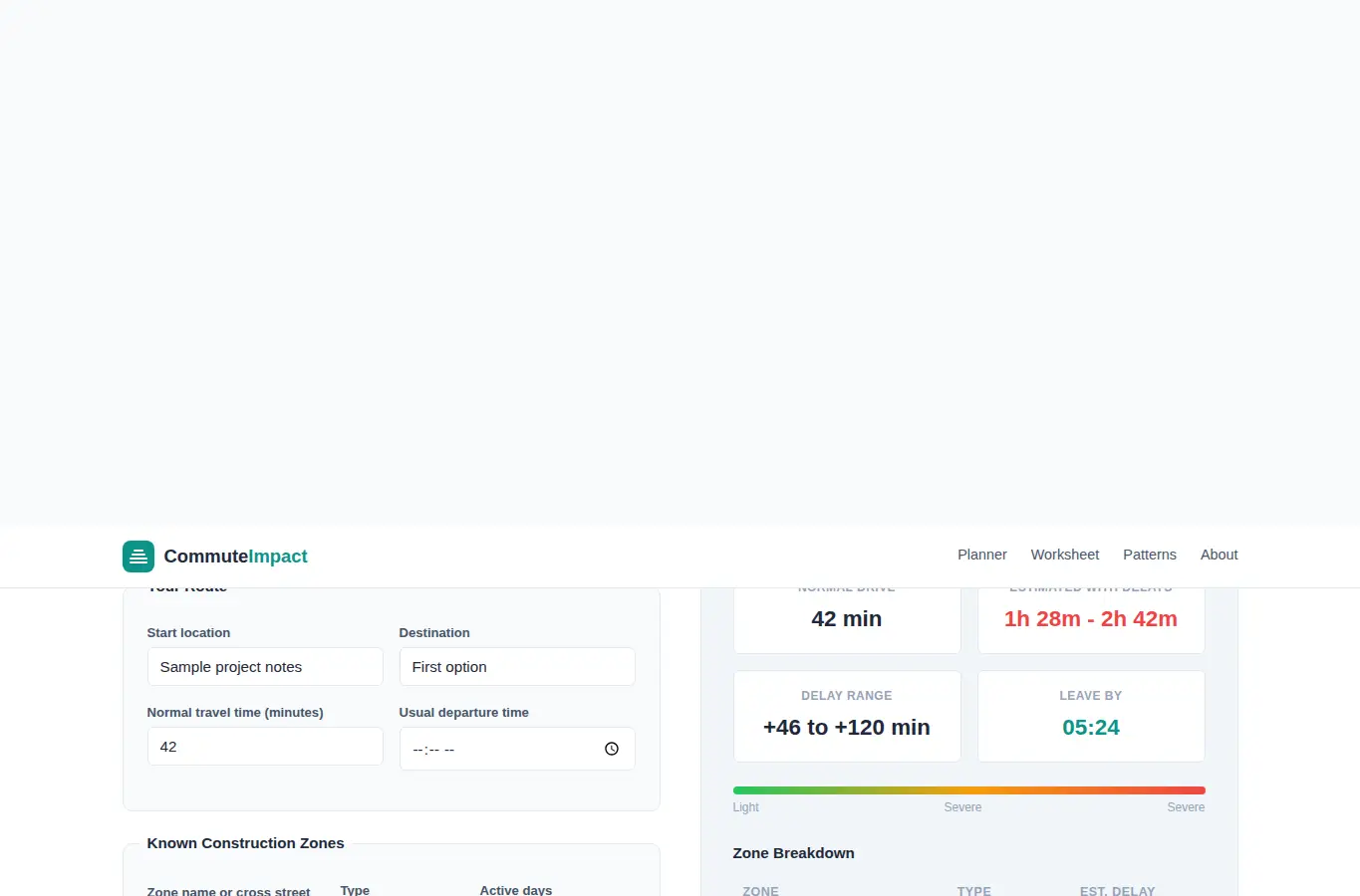 Screenshot of Roadwork Commute Impact Checker interface showing the project page in use